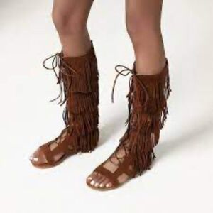 New Free People  leather brown tassel knee high Gladiator Boho Boots sandal 10